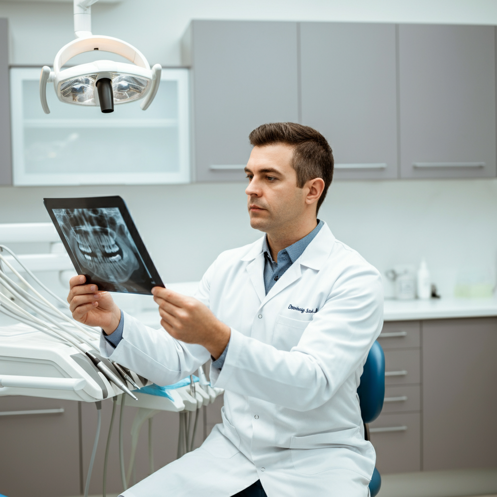 dentista mentre guarda una radiografia