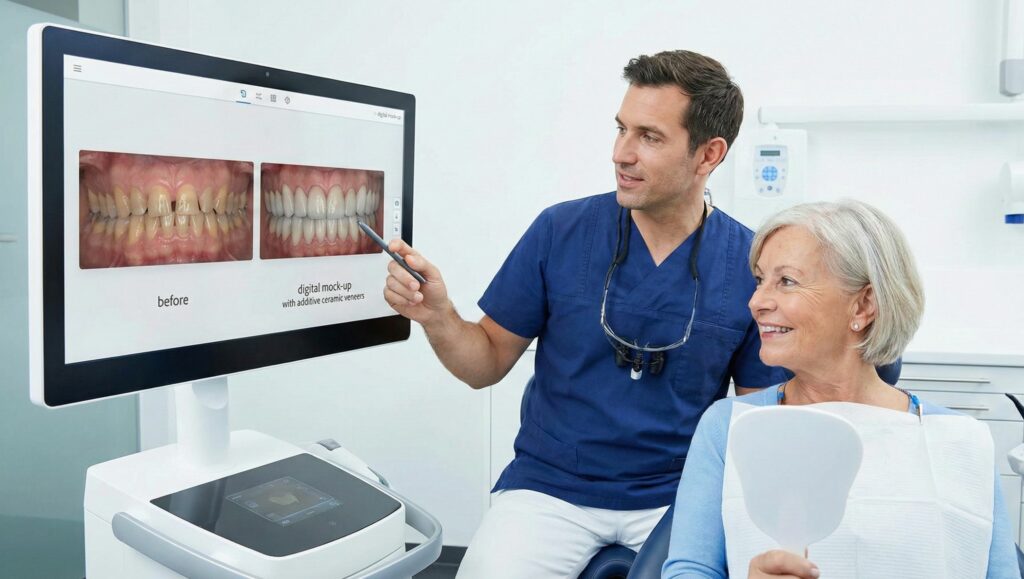 Dentista illustra a una paziente il mock-up digitale per il ripristino della dimensione verticale e il ringiovanimento del sorriso tramite tecnica additiva.