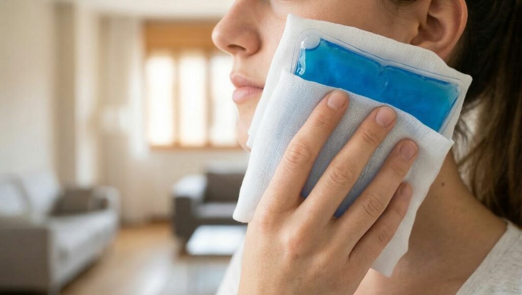 Primo piano di una borsa del ghiaccio a gel flessibile avvolta in un panno pulito, delicatamente appoggiata alla guancia di una persona dopo un intervento odontoiatrico per ridurre il gonfiore post-operatorio
