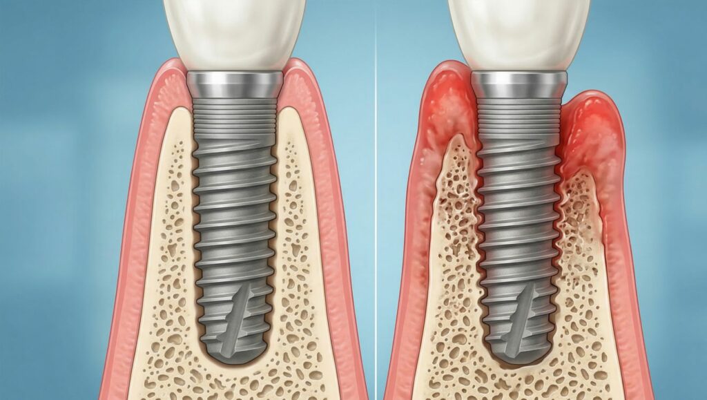Illustrazione medica a confronto che mostra un impianto dentale sano con gengiva rosa e osso integro a sinistra, e un impianto con perimplantite, gengiva infiammata e perdita ossea a destra.