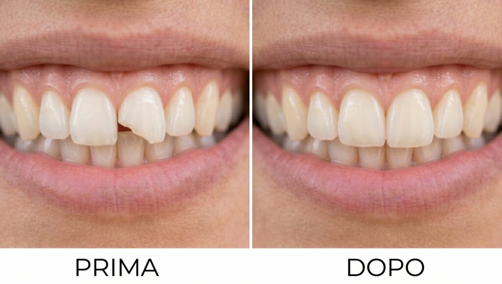 prima e dopo la riparazione di un dente scheggiato